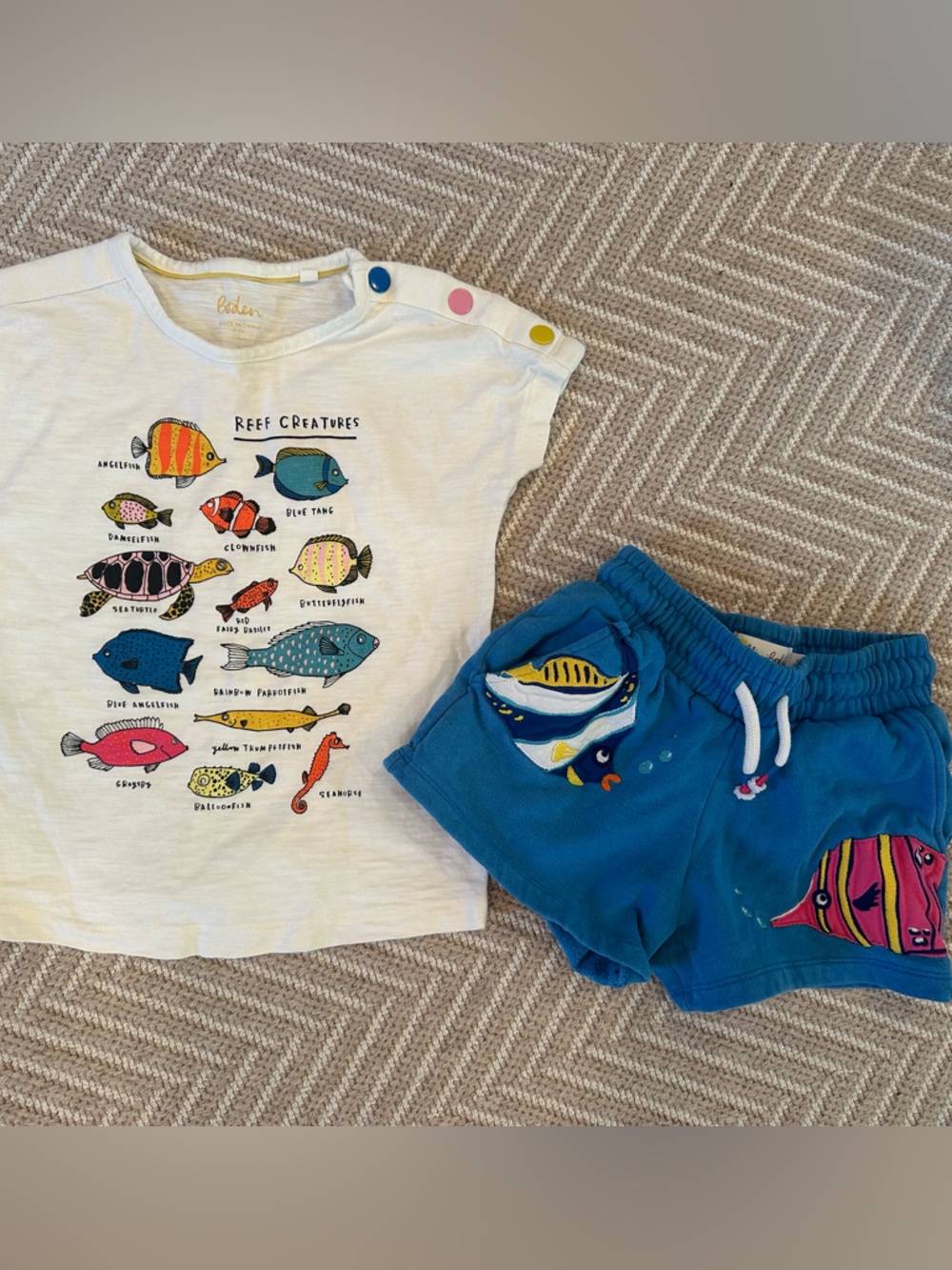 Mini Boden White Tee and Blue Fish Shorts Set Size 6Y